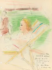 Doamna Stela by Dimitrie Berea, 1943, pix și creioane colorate pe hârtie, sold Apr 2025