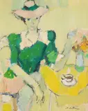 Augustin Costinescu, La o cafea, ulei pe pânză lipită pe carton