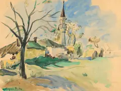 Eugenia Brateş, Peisaj cu minaret, acuarelă pe hârtie