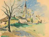 Eugenia Brateş, Peisaj cu minaret, acuarelă pe hârtie