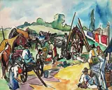 Popas spre târg by Mihai Gheorghe, acuarelă și tuș pe hârtie, offered Apr 2025