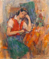 Studenta by Ion Musceleanu, anii '80, ulei pe pânză lipită pe carton, sold Apr 2025