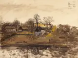 Peisaj din Rădești by Sorin Ilfoveanu, 1988, tempera pe pânză, sold Apr 2025