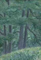 Pădure la Tescani by Paul Gherasim, ulei pe pânză lipită pe carton, sold Apr 2025