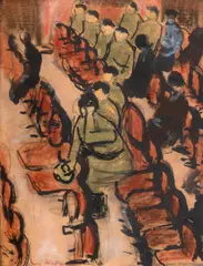 Dan Hatmanu, La teatru, acuarelă, tuș, creion și creioane colorate pe hârtie