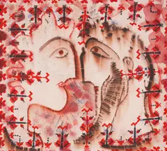Dimitar Kazakov-Neron, Couple's love, 1980s, charcoal and chalk on printed canvas