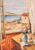 Bencho Obreshkov, Sozopol View, 1945, oil paints on cardboard