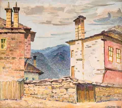 Nikola Valchev, Old houses in Raykovo, 1983, oil on canvas