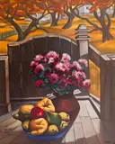 Stoyan Domuschiev, Autumn in the garden, 1980s, oil on fiberboard