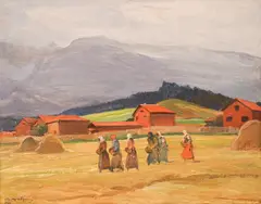 Dobri Dobrev, In the field, 1962, oil on plywood