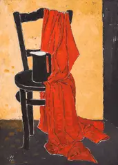Vasilka Moneva, The red curtain, oil on canvas laid on cardboard