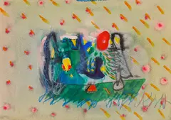Gredi Assa, Composition in green, watercolor and crayon on paper