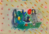 Gredi Assa, Composition in green, watercolor and crayon on paper