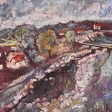Krum Panov, Houses by the river, oil on canvas