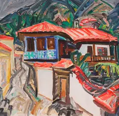 Houses in Karlovo by Atanas Patsev, 1975, oil on canvas, offered Mar 2025