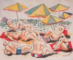 Rumen Gasharov, On the Beach, 1981, Watercolor and tempera on canvas, pasted on masonite
