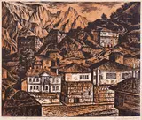 Veselin Staikov, Old houses in Melnik, 1966, woodcut