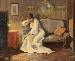 Scrisoarea de dragoste by Ludovic Bassarab, cca. 1905-1910, ulei pe carton, sold Mar 2025