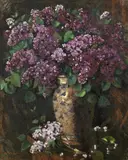 Vas cu fllori de lliac by Octav Băncilă, anii '30, ulei pe pânză, sold Mar 2025