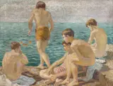 Virginia Tomescu Scrocco, La scăldat, ulei pe pânză