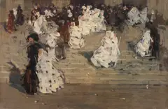 Les beaux esprits (Ieșirea de la Operă) by Eustațiu Stoenescu, anii '40, ulei pe pânză, sold Mar 2025