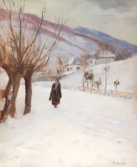Iarna la sat by Pierre Auguste Bellet, ulei pe pânză, offered Mar 2025