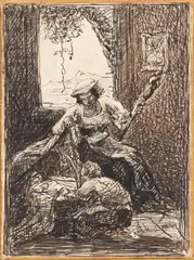 Maternitate by Theodor Aman, cca. 1879, peniță pe hârtie, sold Mar 2025