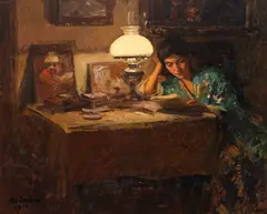 Ipolit Strâmbu, Lectură (La lumina lămpii), 1923, ulei pe carton