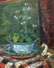 Natură statică cu primule și căluț din porțelan by Marius Bunescu, 1960-1965, ulei pe carton, offered Mar 2025