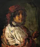 Țigancă cu pipă by Octav Băncilă, 1914, ulei pe pânză, sold Mar 2025