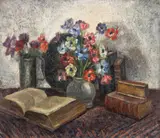 Paul Scorţescu, Natură statică cu cărți și anemone, ulei pe pânză