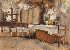 Nicolae Enea, Interior țărănesc, cca. 1930, ulei pe carton