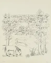 Ivan Generalić, Landscape with Horses, serigraphy on paper