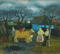 Franjo Mraz, Society in the Backyard, oil on glass