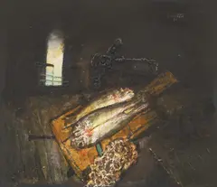 Fish by Ljubo Ivančić, 1969., oil on plywood, offered Mar 2025