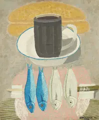 Still Life with Bread, Cup and Fish by Eugen Buktenica, 1958., oil on canvas, offered Mar 2025
