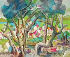 View of Brist through the Olive by Mladen Veža, 2005., oil on canvas, offered Mar 2025