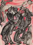 Petrecere by Tia Peltz, 1972, acuarelă, tuș, tempera și accente de ulei pe hârtie, offered Feb 2025