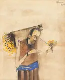 Sorin Ilfoveanu, Vânzătorul de flori, 1988, tempera și laviu pe hârtie lipită pe carton