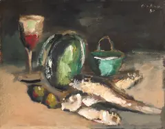 Mircea Ciobanu, Natură statică cu pahar de vin, 1980, ulei pe carton