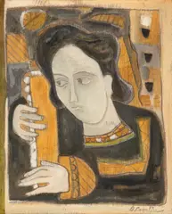 Brădut Covaliu, Portret de femeie cu liră, ulei pe pânză