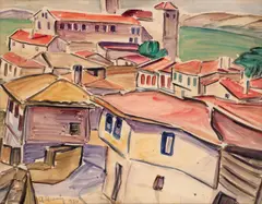 Nutzi Acontz, Acoperișuri la Balcic, 1930, acuarelă pe hârtie lipită