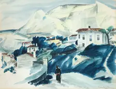 Ștefan Constantinescu, Vedere din Balcic, 1933, acuarelă și creion pe hârtie lipită pe carton