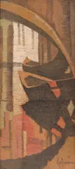 Olga Greceanu, Gondole la Ponte Rialto, anii '30, ulei pe placă prefabricată din rumeguș