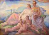 Carol Hübner, Vârsta de Aur ("Când oamenii trăiau ca zeii, fără a munci și fără a suferi”), 1948, ulei pe carton