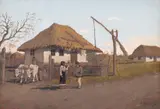 Ion Doboşariu, De vorbă în fața casei, ulei pe carton