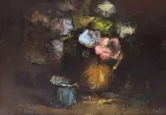 Ion Mândru, Natură statică cu flori și vas albastru, anii '40, ulei pe carton
