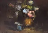 Ion Mândru, Natură statică cu flori și vas albastru, anii '40, ulei pe carton