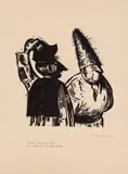 Jules Perahim, Bună ziua, căciulă, că stăpânul n-are gură” (din seria "Proverbe și zicători"), 1956, litografie