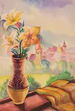 Carol Hübner, Crini la fereastră, 1938, acuarelă pe hârtie